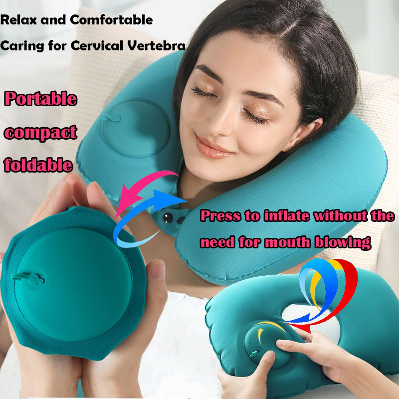 Travel Pillow Inflatable - 휴대용 플로킹 에어 목베개, 보관 및